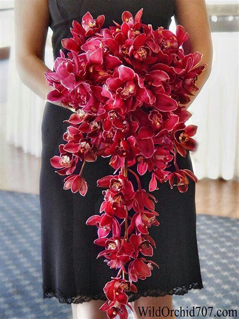 Stunning Cascading Wedding Bouquet Of Red Cymbidium Orchids Flower