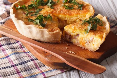 Homemade Quiche Lorraine Close Up On A Cutting Board Horizontal Stock