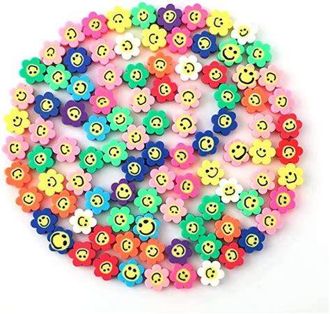 SAVITA 100Pcs Sun Flower Happy Smiley Face Beads 10mm Colorful Polymer