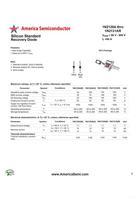 1N2131AR America Semiconductor Diode Hoja de datos Ficha técnica