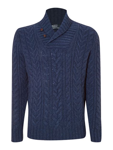 Polo Ralph Lauren Aran Cable Knit Shawl Collar Jumper In Blue For Men