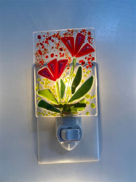 Fused Glass Red Flower Night Light Etsy