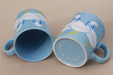 Vintage Made In England Pottery Mugs Country Geese On Blue Coffee Cups Set