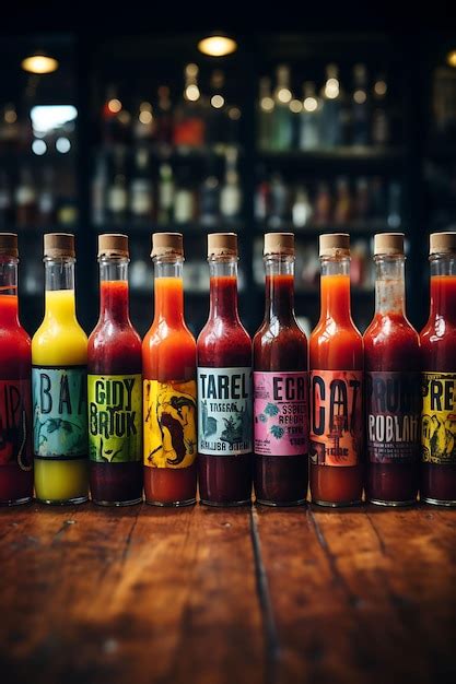 Premium Ai Image Packaging Photoshoot Of A Collection Of Hot Sauce Bottles With Funky Labeli