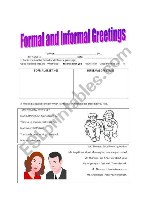 English Worksheets Formal And Informal Greetings