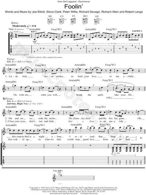 Def Leppard Foolin Guitar Tab In A Minor Download And Print Sku