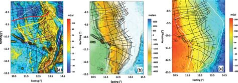 The Free Air A Elevation B And Bouguer Gravity Anomaly C Maps Of