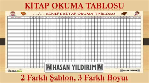 Kitap Okuma Tablosu 2 Farklı Şablon 3 Farklı Boyut Meb Ders