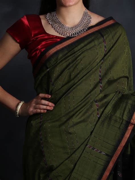 Olive Branch Handloom Sari From Sambalpur With Ikat Woven Border And