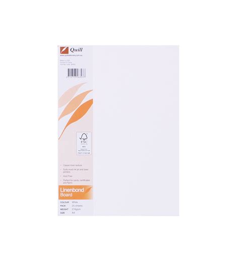 Quill Linenbond Board 216gsm A4 Pack 25 White Quill Paper