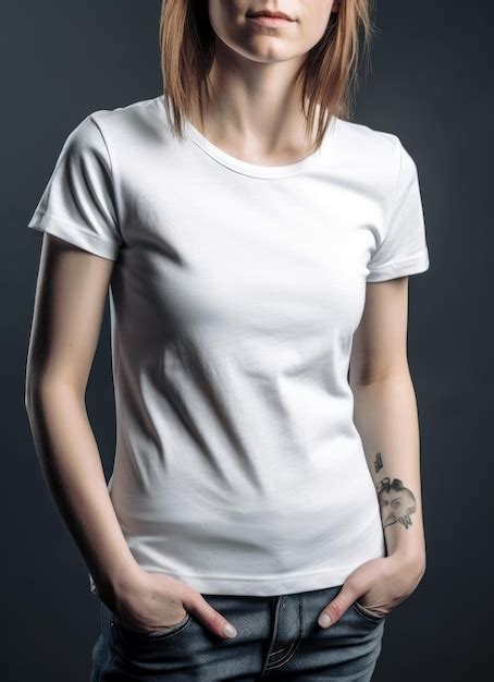 Premium Ai Image A Woman In A White Shirt Stands In Front Of A Dark