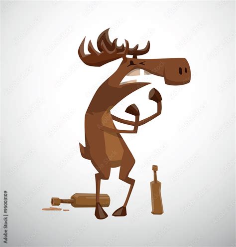 Vector Drunken moose. Cartoon image of a funny brown drunken moose with ...