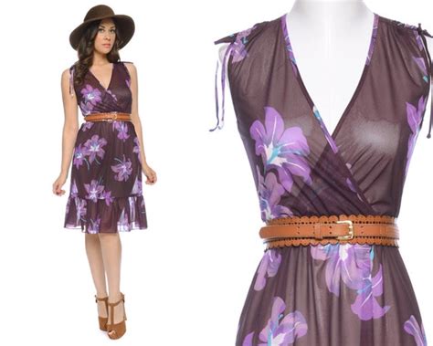 70s Sundress Purple Plum Hawaiian Floral Sleeveless Sheer Wrap