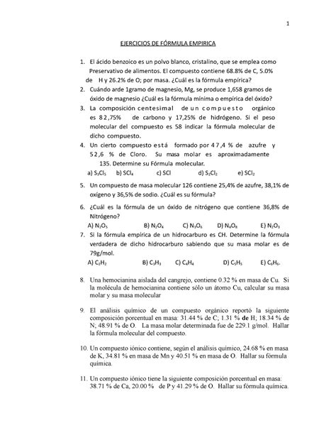 Ejercicios Formula Empirica 21 1 EJERCICIOS DE FÓRMULA EMPIRICA El