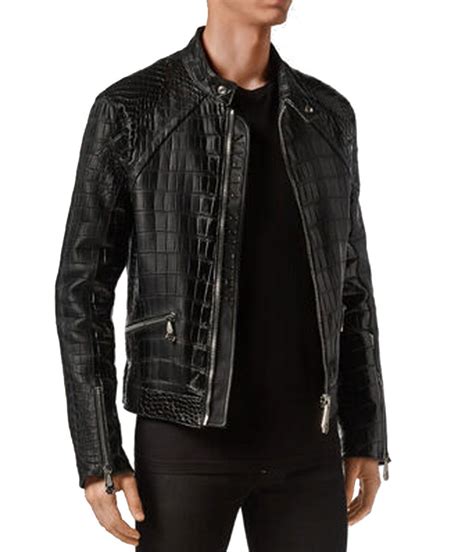 Mens Snap Tab Collar Black Leather Alligator Jacket Jackets Masters