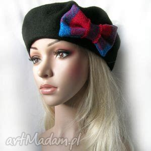 czapki handmade beret z kokardą w kratę ღ art Madam pl