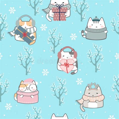 Nahtlose Muster Weihnachten Kawaii Cute Cute Cats Vektor Abbildung