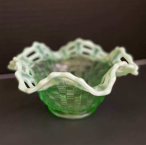 Vintage Fenton Basket Weave Uranium Glass Bowl With Opalescent Etsy