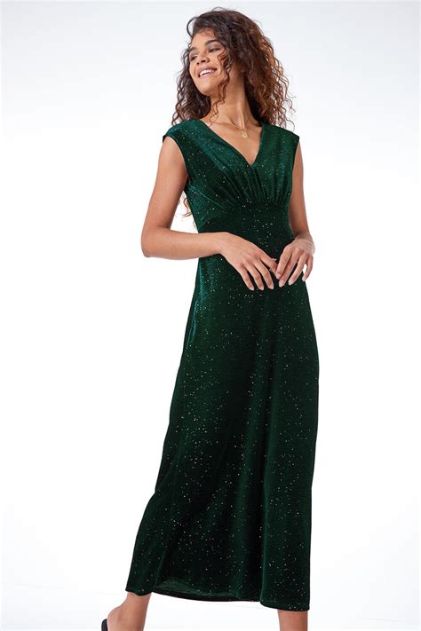 Glitter Velvet Maxi Dress In Dark Green Roman Originals Uk