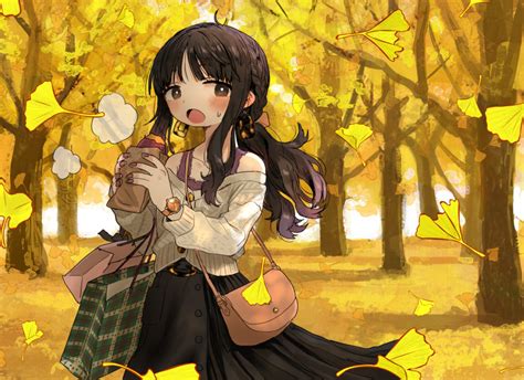 Safebooru 1girl Autumn Leaves Bag Black Hair Blush Braid Brown Eyes