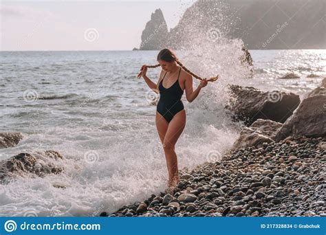 Selective Focus Happy Carefree Sensual Woman With Long Hair In Black