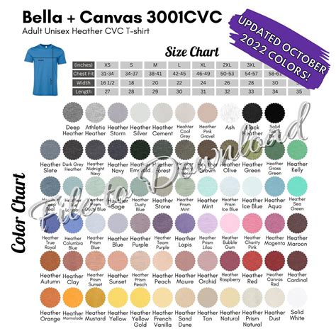 Bella Canvas 3001cvc Color And Size Chart Bc3001cvc Heather Etsy