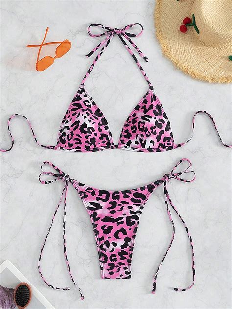 Shein Swim Conjunto De Bikini Triangular Con Estampado De Leopardo Para
