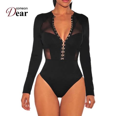 Comeondear Long Sleeve Bodysuit Lace Wind Button Mature Transparent