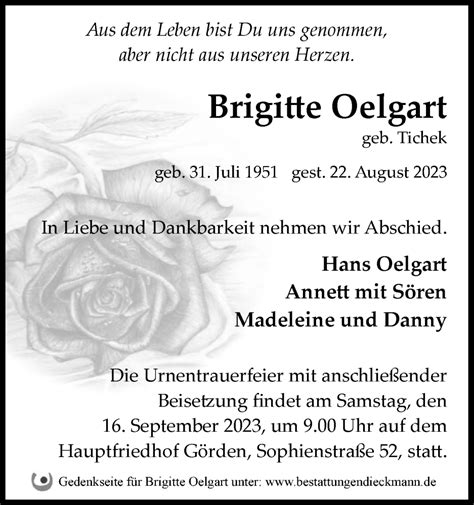 Traueranzeigen Von Brigitte Oelgart M Rkische Onlinezeitung Trauerportal