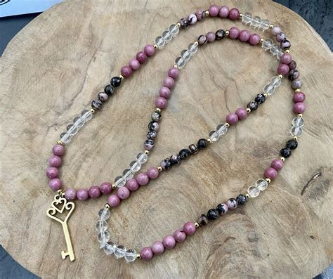 Mala Rhodonite Rose Et Marbr E Noir Cristal De Roche Cl Coeur