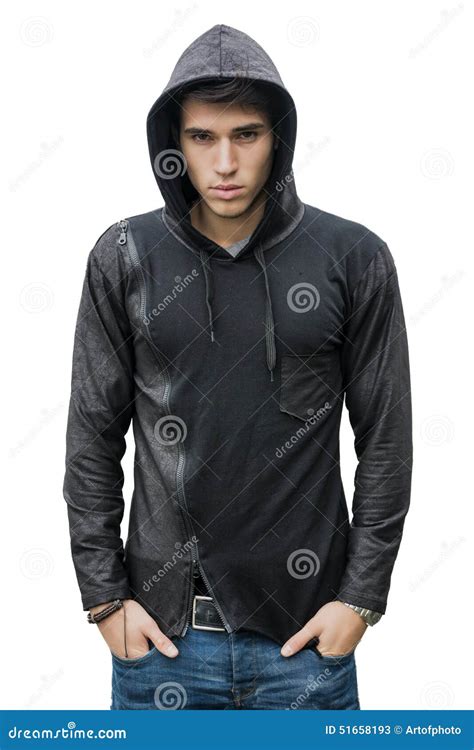 Hombre Joven Hermoso En El Su Ter Negro De La Sudadera Con Capucha