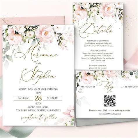 Wedding Invitation Bundle With Qr Code Template Printable Soft Pink