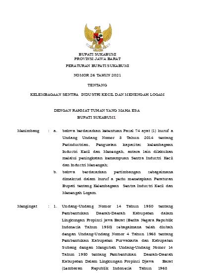 Bupati Sukabumi Provinsi Jawa Barat Peraturan Bupati Sukabumi Nomor