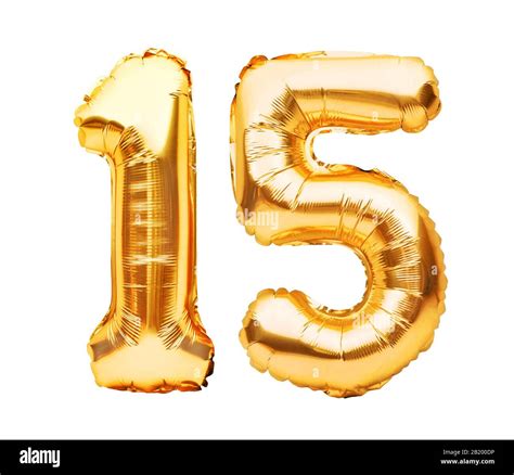 Number 15 fifteen made of golden inflatable balloons isolated on white ...