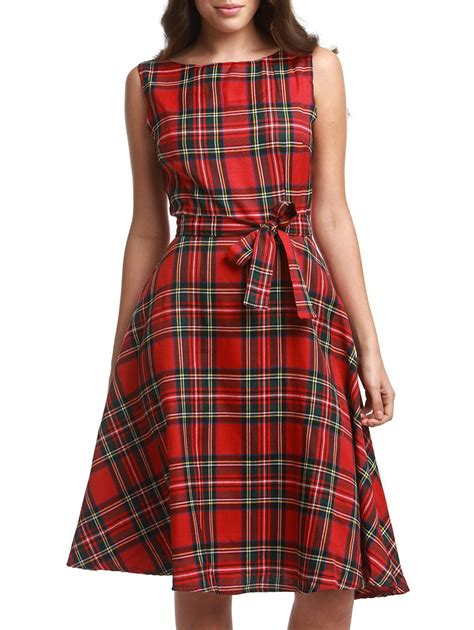 [17 Off] 2021 Retro Womens Jewel Neck Sleeveless Plaid Belted A Line