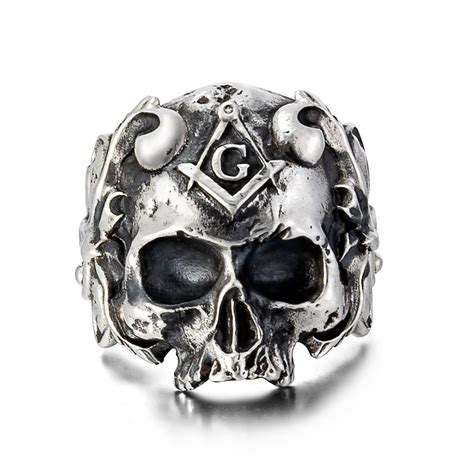 Sterling Silver Masonic Skull Ring Biker Jeweler