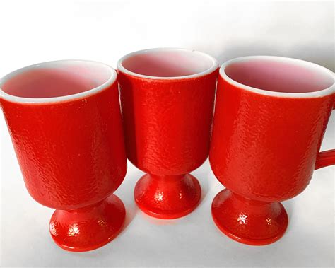 Vintage Mugs Red Milk Glass Handle Pedestal 3 Etsy Milk Glass Mugs Glass