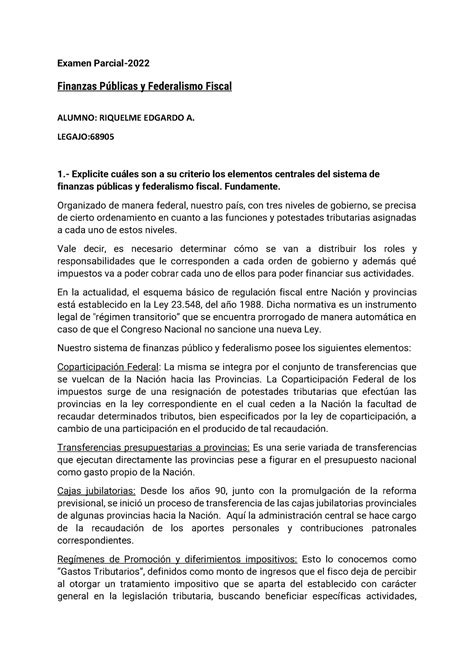 Federalismo Fiscal Ex Men Parcial Examen Parcial Finanzas P