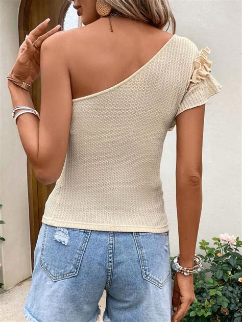 Shein Vcay Solid One Shoulder Ruffle Trim Waffle Knit Top Shein Usa