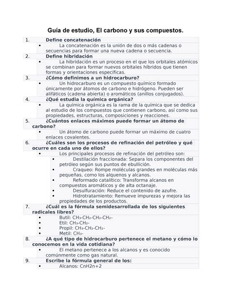 Guía de estudio el carbono y sus compuestos Define concatenación La