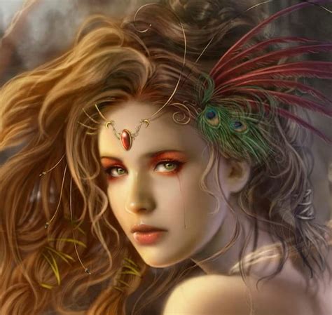 Princess Peacock Feather Fantasy Art Face Cris Ortega Redhead Girl Jewel Hd Wallpaper