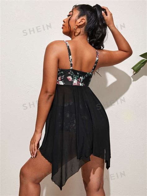 Shein Swim Classy Plus Floral Print Swim Dress With Bikini Bottom