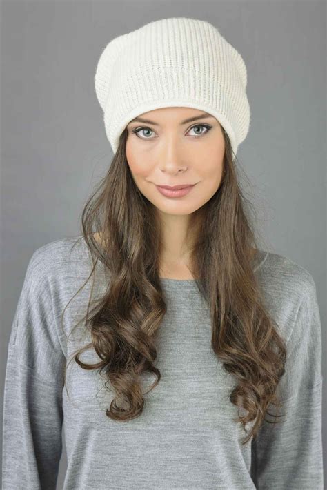 Pure Cashmere Ribbed Knitted Slouchy Beanie Hat In Cream White Italy