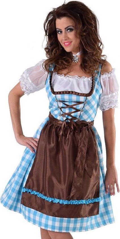 Luxe Dirndl Blauw Wit Geblokt Met Bruin Schort Oktoberfest Jurk Dames