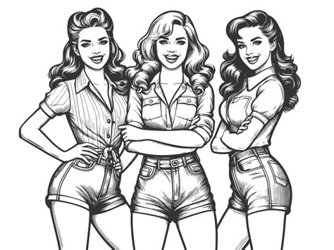 Retro Pin Up Girls Posing Together Sketch Vector Image