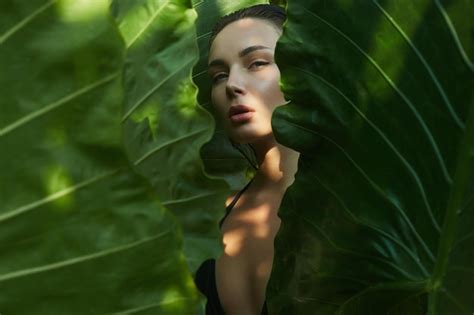 Premium Photo Beautiful Summer Girl Behind Palm Leaves Young Sexy