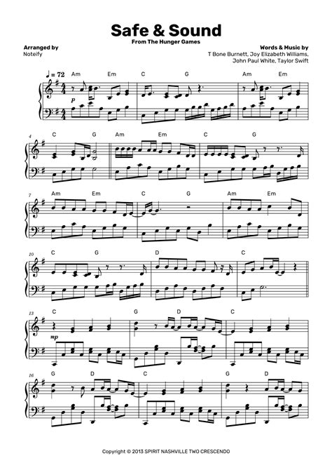 Safe And Sound Taylors Version Arr Noteify By Taylor Swift Sheet Music For Piano Solo At