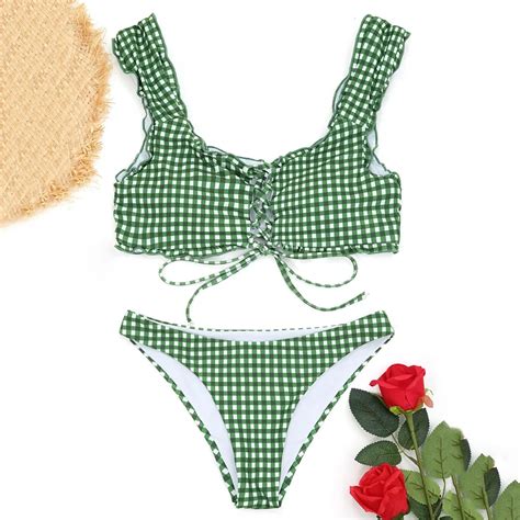 ZAFUL New Bikini Women Swimwear Frilled Gingham Lace Up Bralette Bikini