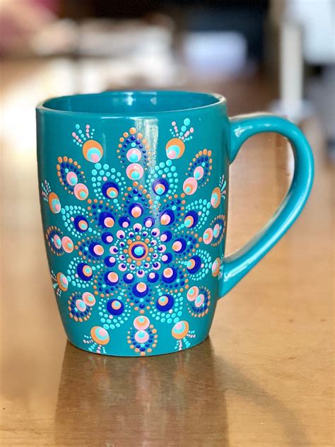 Coffee Cup Mug Dot Mandala Oz Hand Painted Teal Blue Etsy