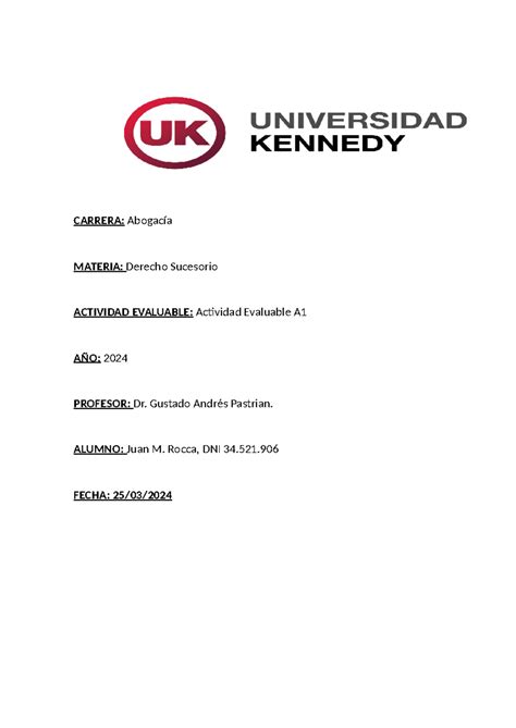 Actividad Evaluable A1 Carrera Abogacía Materia Derecho Sucesorio